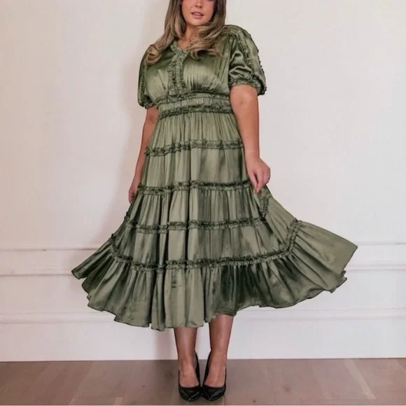 JESSAKAE x THE FOOD NANNY Liz Ruffle Tiered Puff Sleeve Midi Dress in Olive - Picture 2 of 12